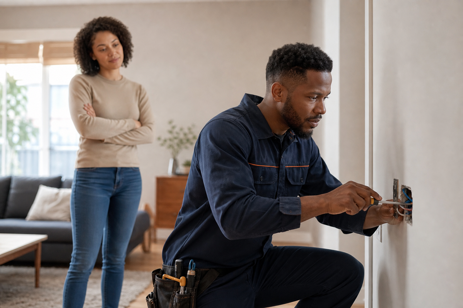 Hearth Comfort electrician helping a homeowner with electrical work