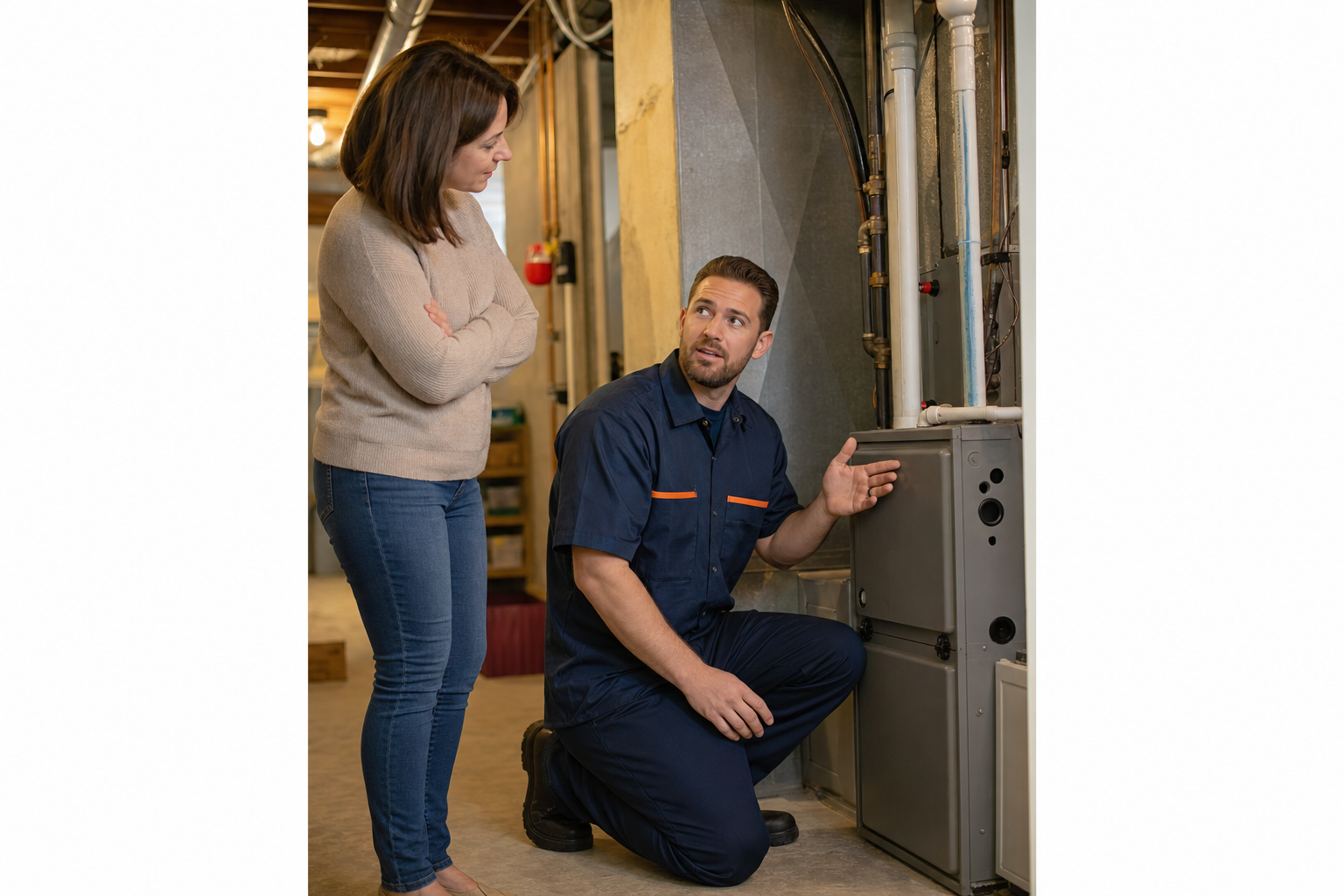 Hearth Comfort HVAC technician helping a homeowner with furnace service