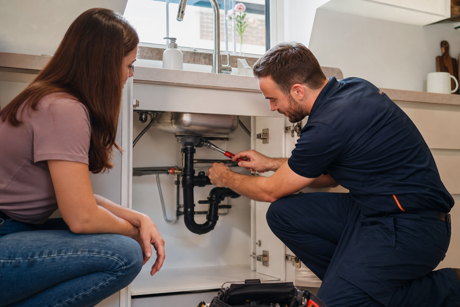 Hearth Comfort plumber helping a homeowner with kitchen plumbing